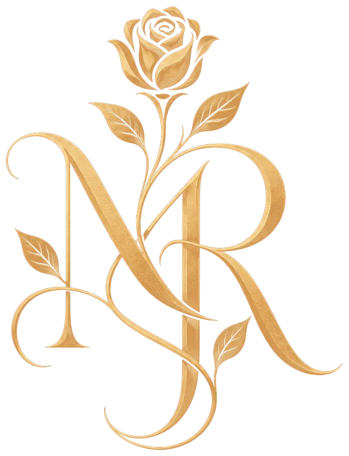 Monograma MR com uma rosa dourada, logo de Mãe Rosa